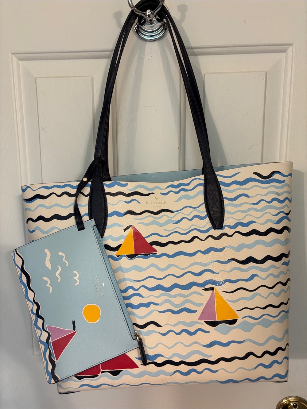 kate spade Cream and Light Blue Nautical Tote with Matching Pouch